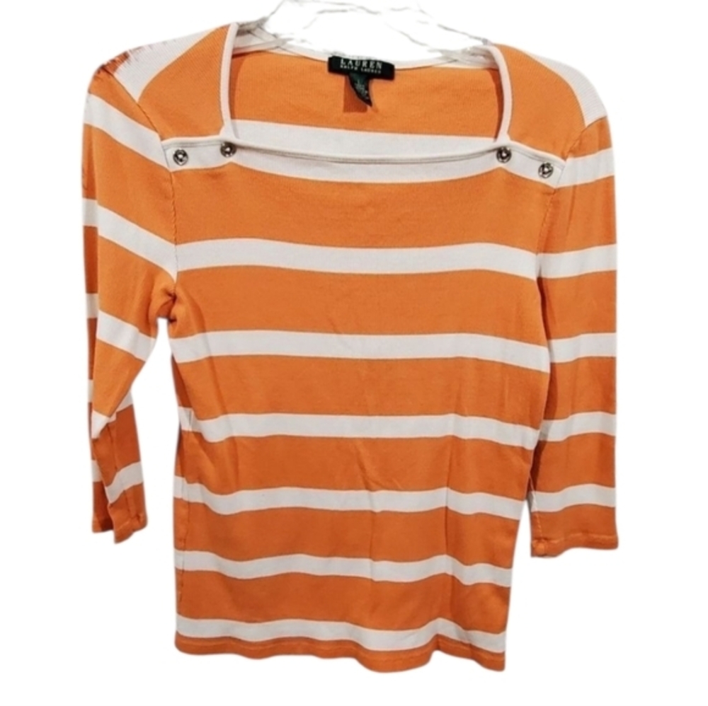 Ralph lauren Orange And White‎ Stripe Nautical boat neck 3/4 Sleeve shirt Size L
